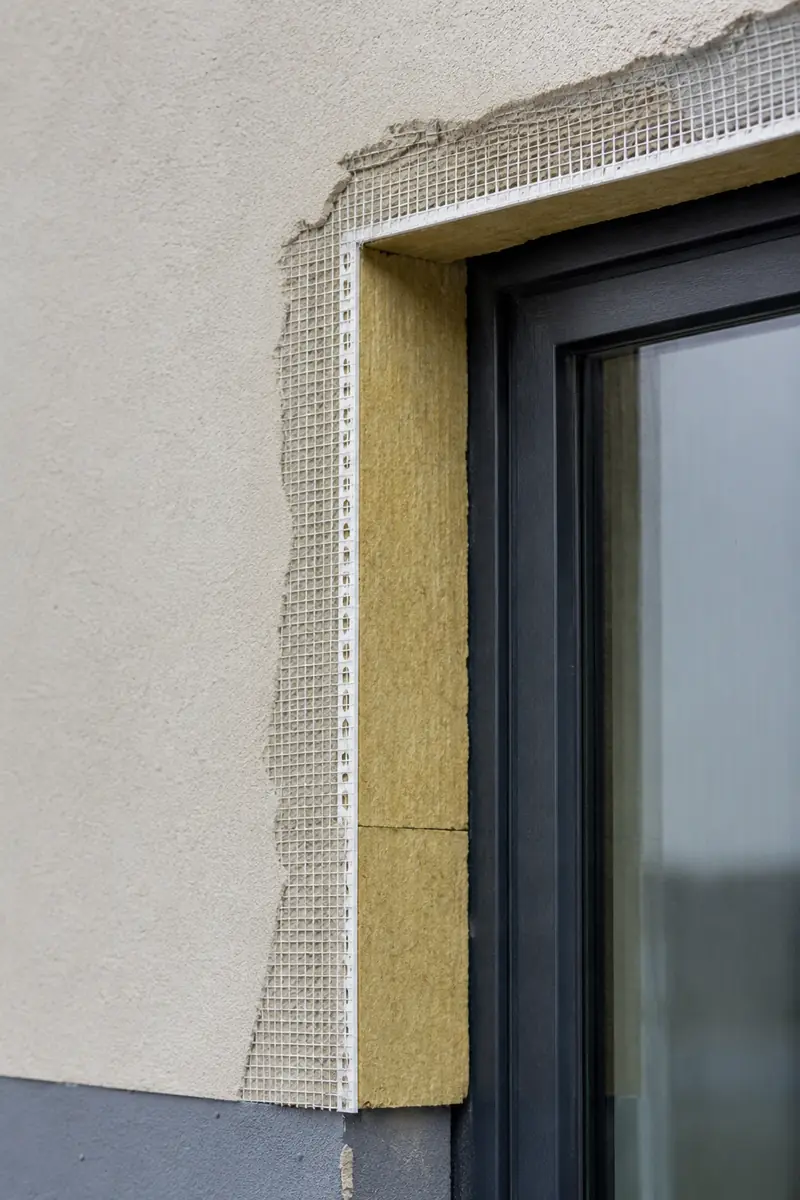 Window reveal detail with insulation returning into the reveal