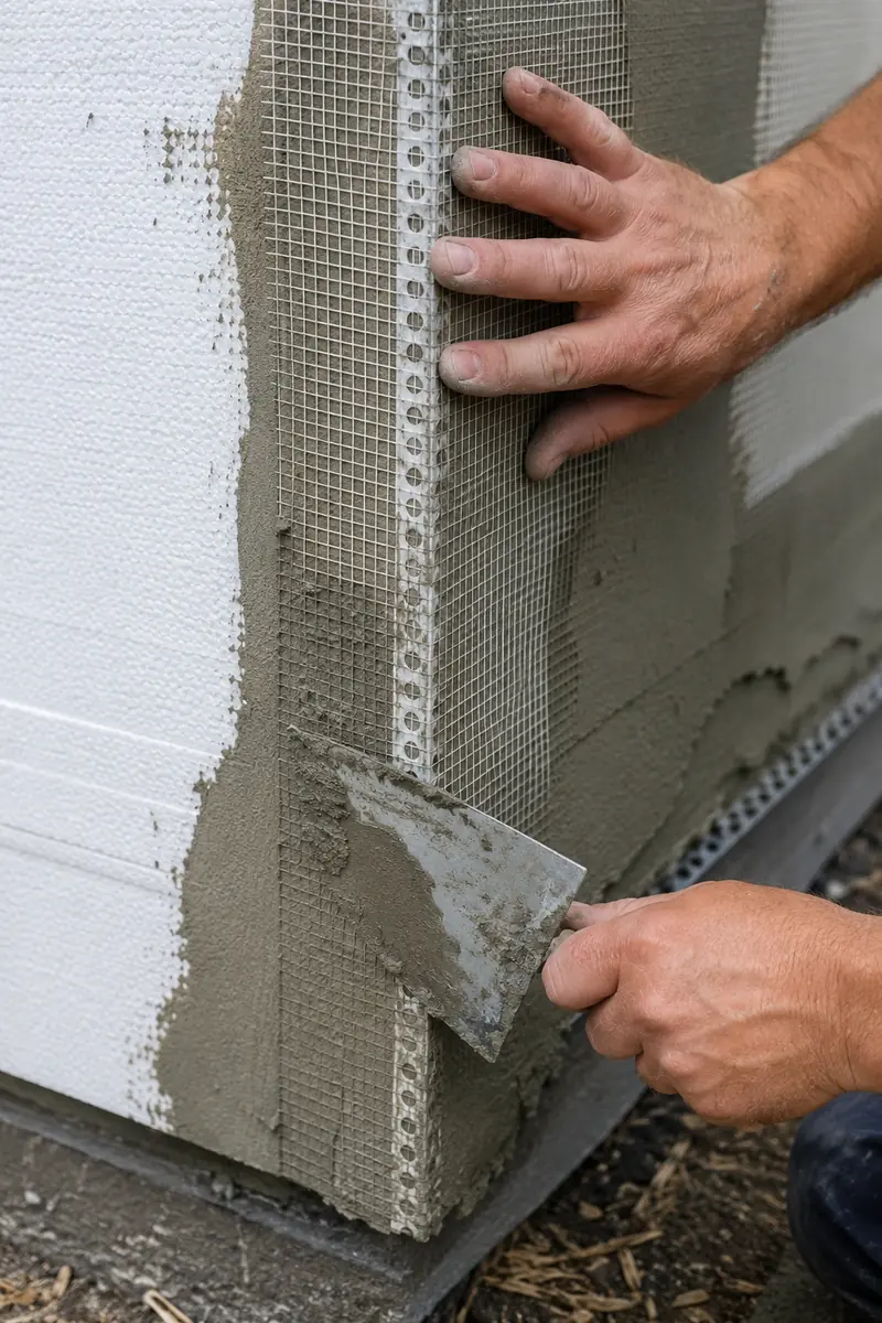 Corner bead and reinforcing mesh embedded in the base coat