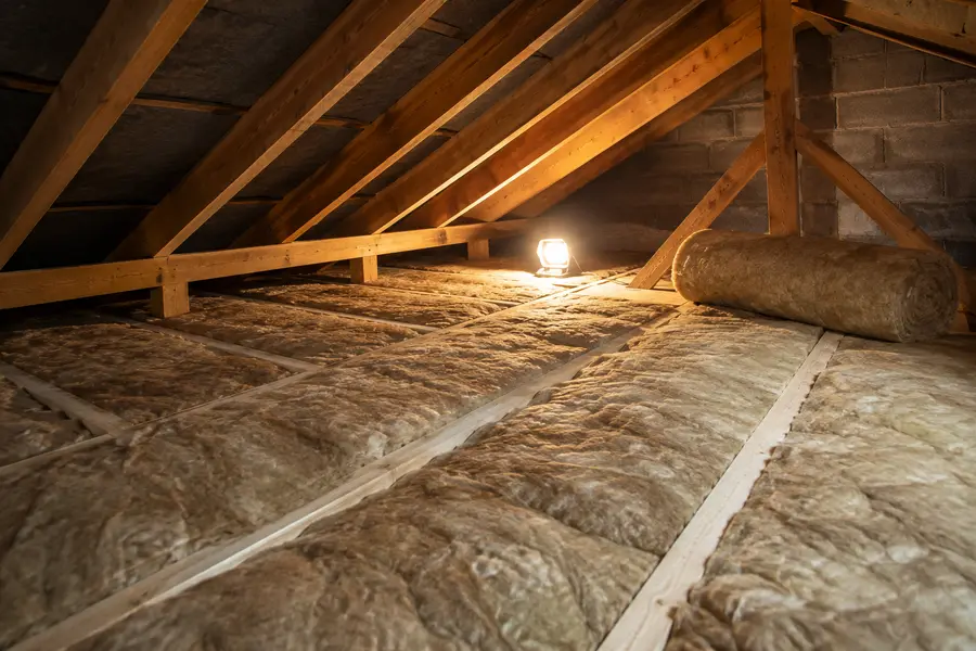 Mineral wool being rolled out between attic joists