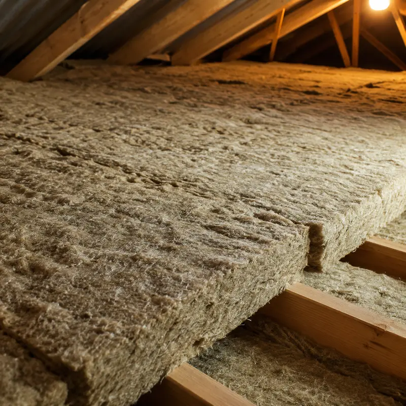A second layer of insulation laid across the joists