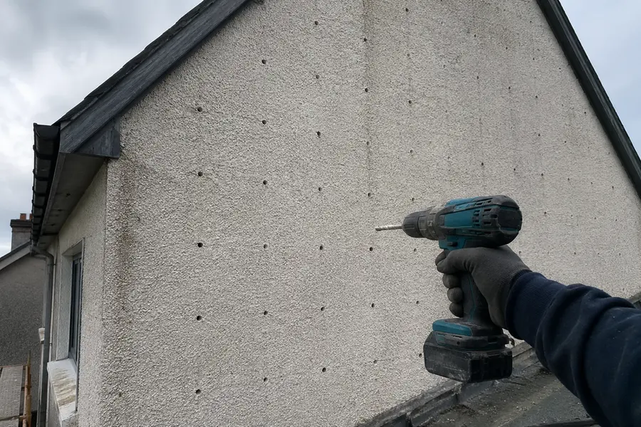 Injection hole being drilled through the outer leaf of a cavity wall