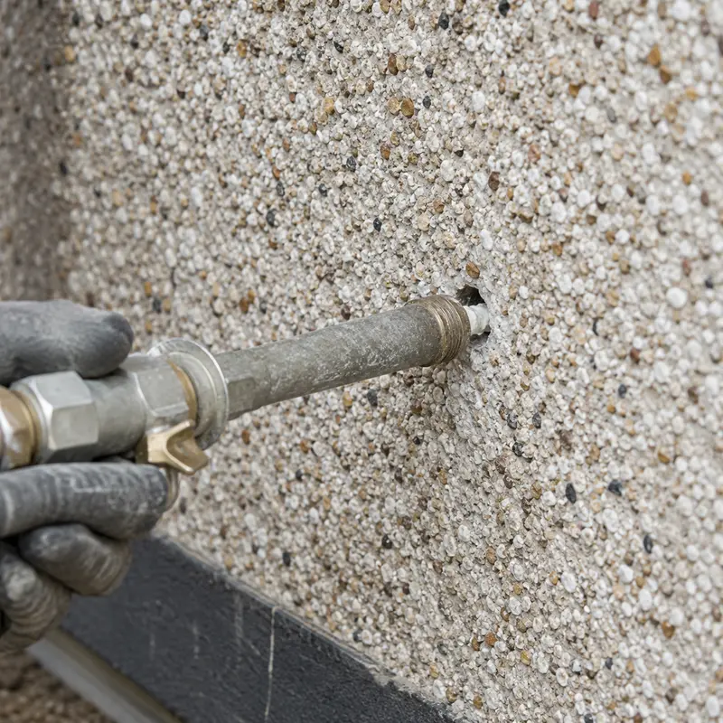 Insulation being injected under pressure into a wall cavity