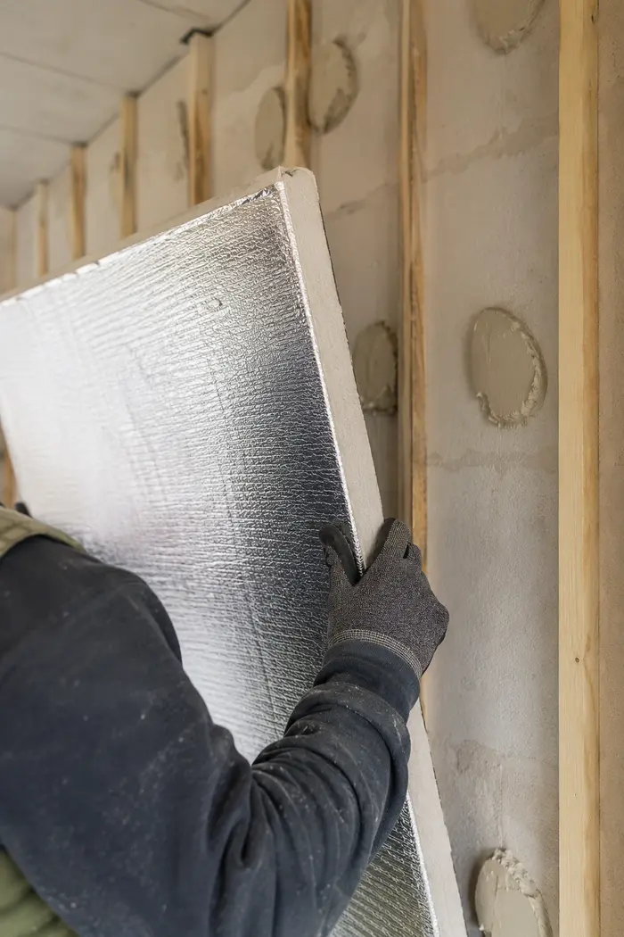 Insulated plasterboard being lifted into place against an internal wall
